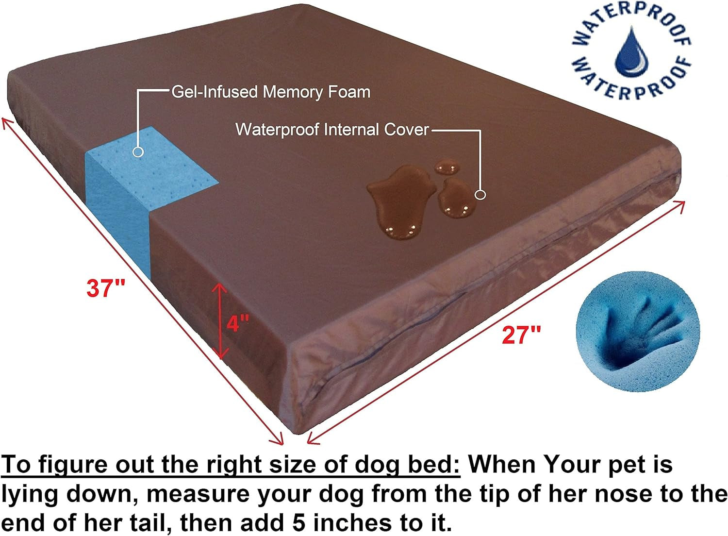 Orthopedic Gel Infused Memory Foam Dog Bed, Waterproof Liner with Durable Washable Black Canvas Cover, 37X27X4 Inch