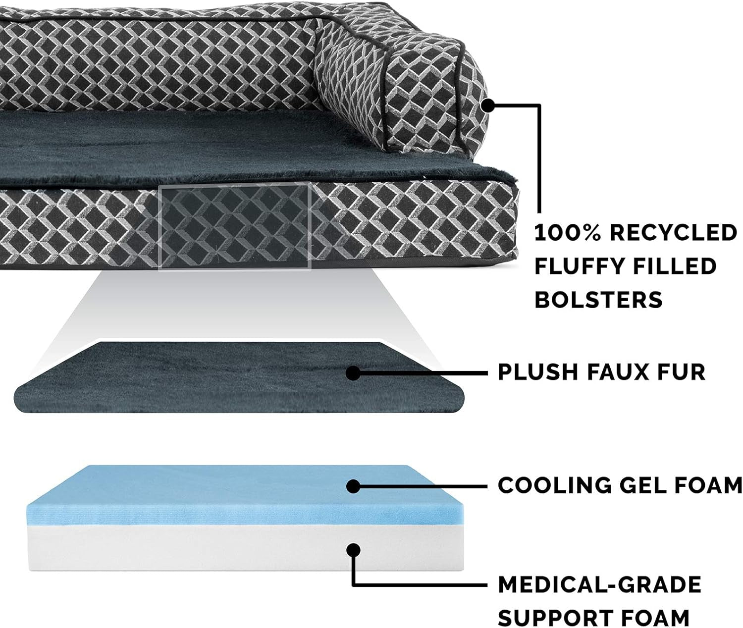 Cooling Gel Dog Bed for Large Dogs W/ Removable Bolsters & Washable Cover, for Dogs up to 125 Lbs - Plush & Woven Decor Comfy Couch Sofa - Diamond Gray, Jumbo Plus/Xxl
