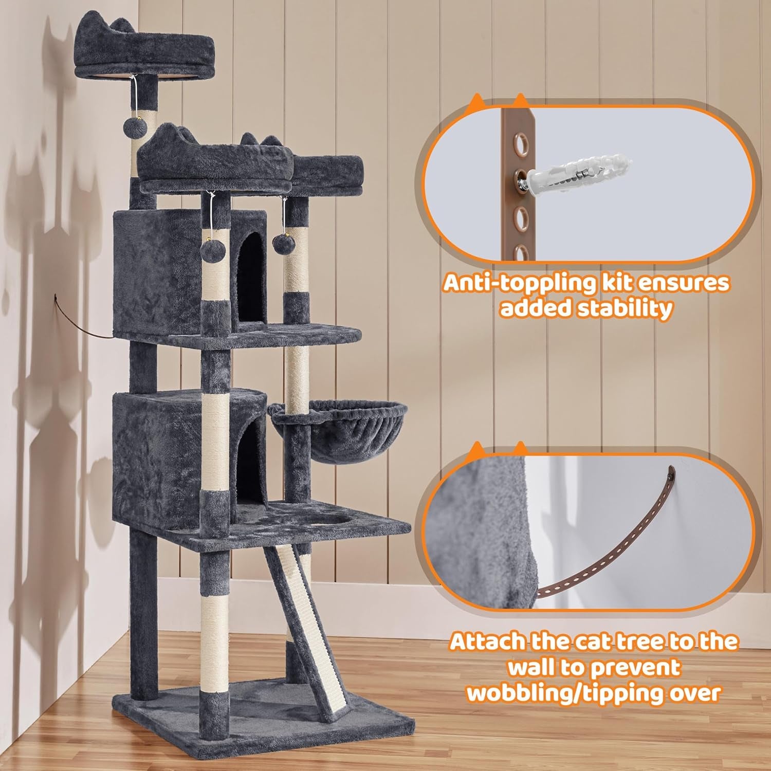 Yaheetech | 68.5In Cat Tree | for Large Cats | Multi-Level Cat Tower with 3 Wide Perches, Large Condo | Stable Pet Play House W/Sisal-Covered Scratching Posts & Board | Dark Gray