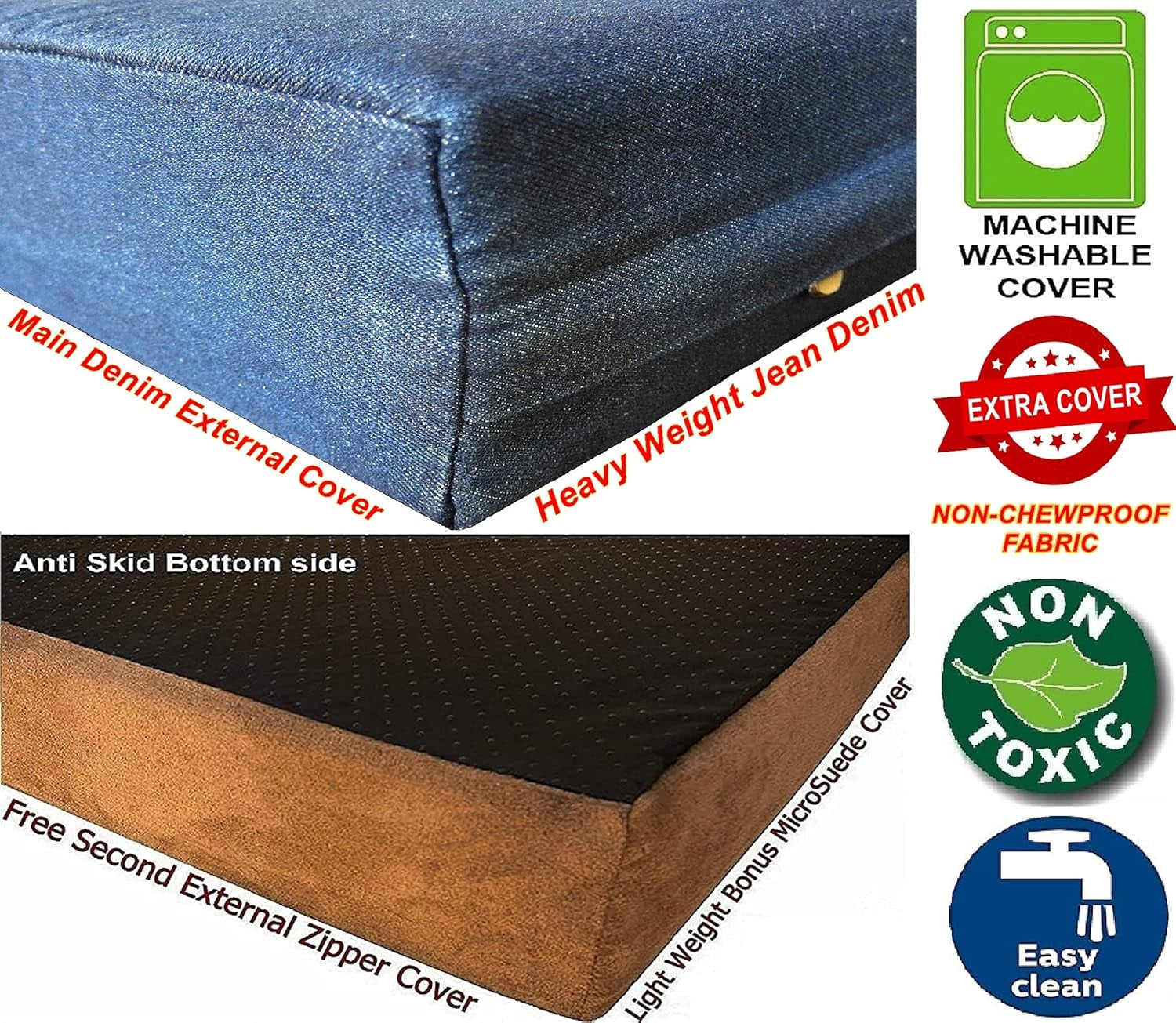 Premium Gel Memory Foam Dog Bed, Durable Denim Cover with Waterproof Liner and Extra Pet Bed Case, 35"X20"X4" Small to Medium Pet