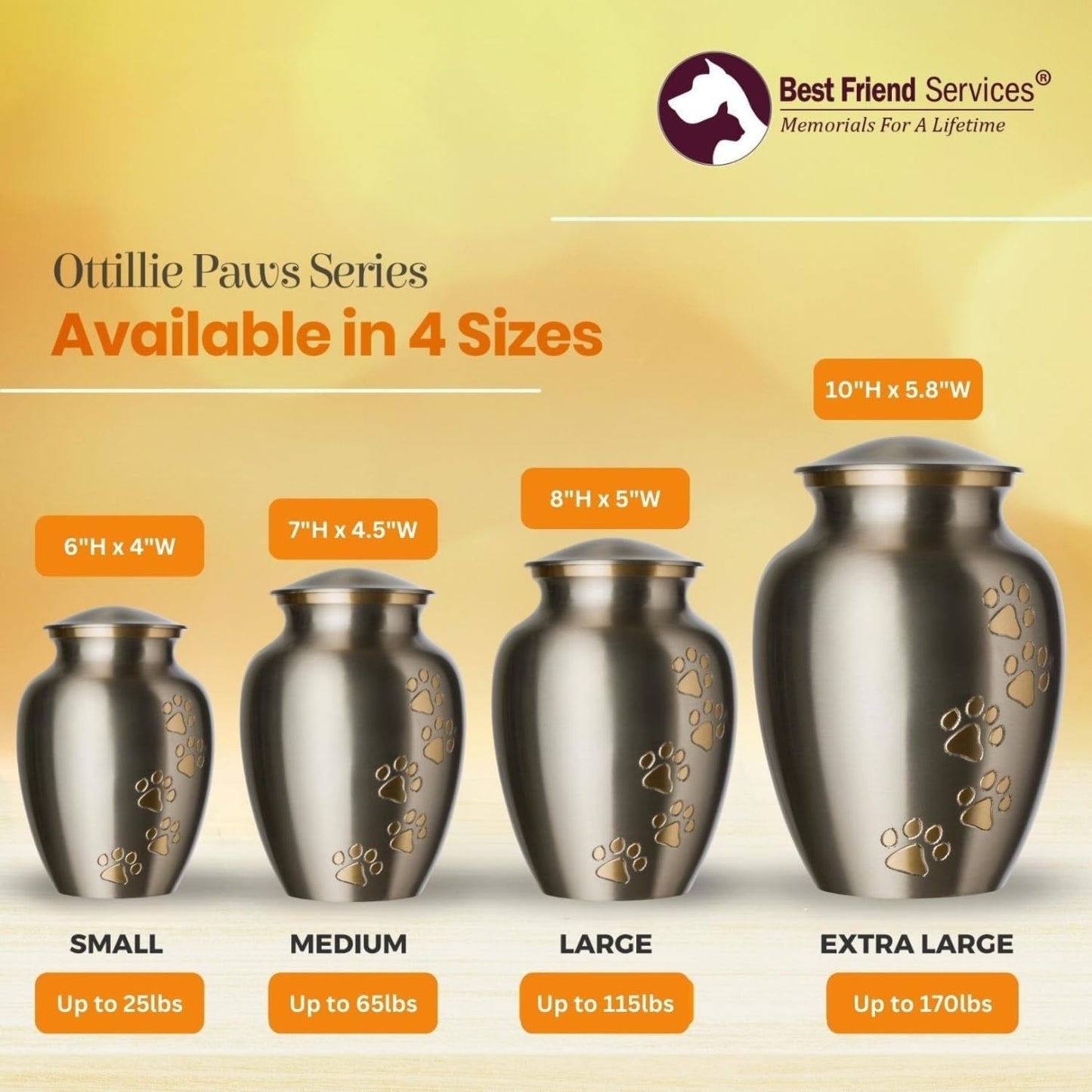 Ottillie Paws Legacy Series Pet Urn for Dogs and Cats, Handmade Brass Memorial Cremation Urn (Small - Pets up to 25 Lbs, Pewter, Vertical Brass Paws)