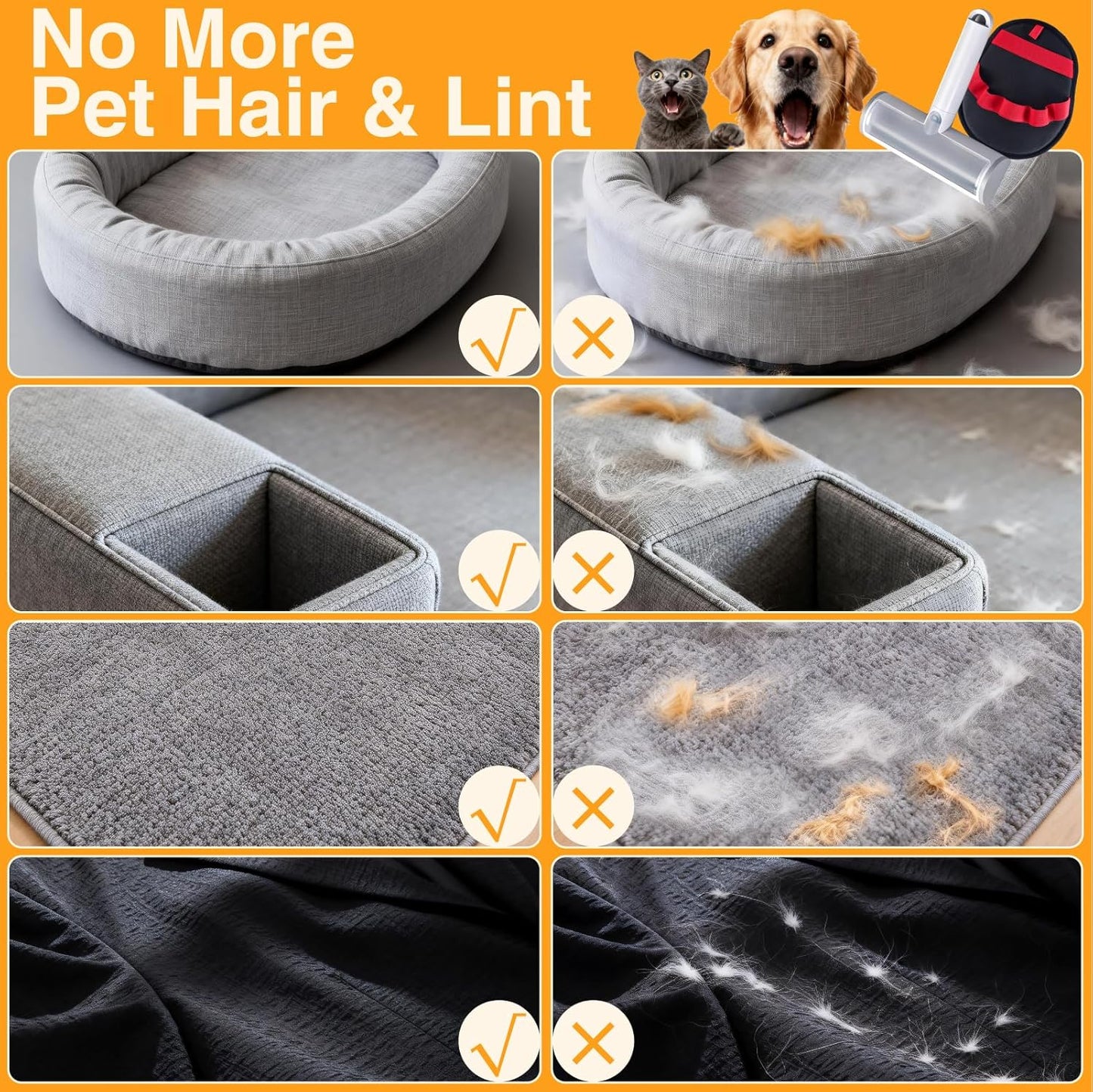 2 in 1 Pet Hair Removal Set, Reusable Dog Hair Remover & Cat Hair Remover, Pet Hair Remover with Roller & Glove, Pet Hair Removal Tool for Clothing, Couch, Furniture & Laundry