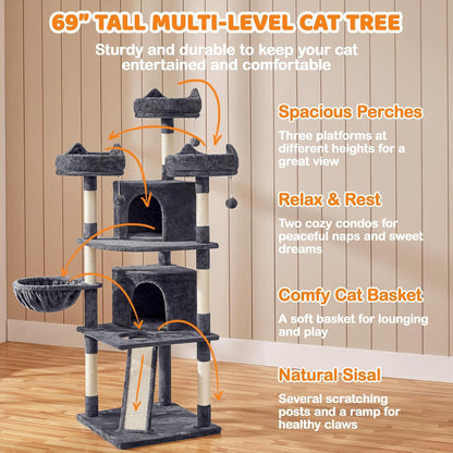 Yaheetech | 68.5In Cat Tree | for Large Cats | Multi-Level Cat Tower with 3 Wide Perches, Large Condo | Stable Pet Play House W/Sisal-Covered Scratching Posts & Board | Dark Gray