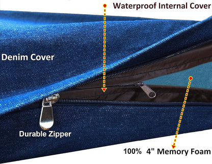 Premium Gel Memory Foam Dog Bed, Durable Denim Cover with Waterproof Liner and Extra Pet Bed Case, 35"X20"X4" Small to Medium Pet