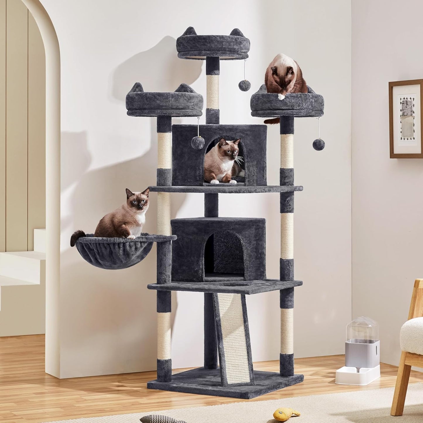 Yaheetech | 68.5In Cat Tree | for Large Cats | Multi-Level Cat Tower with 3 Wide Perches, Large Condo | Stable Pet Play House W/Sisal-Covered Scratching Posts & Board | Dark Gray